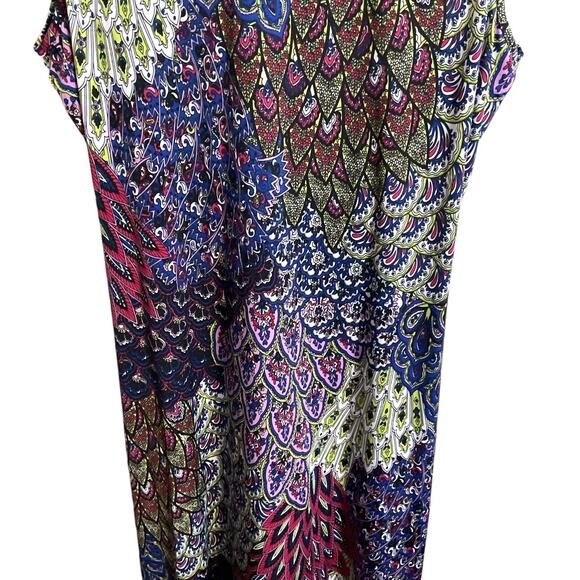Connected Apparel Colorful Peacock Dress Size XL Sleeveless Vneck Ruched - Picture 8 of 8